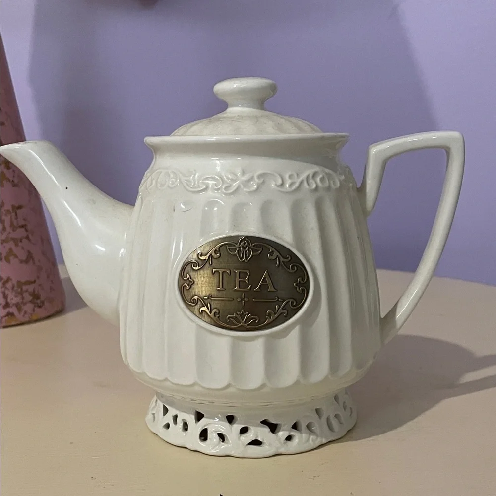 Elegant French White Ceramic Teapot with Gold Accent